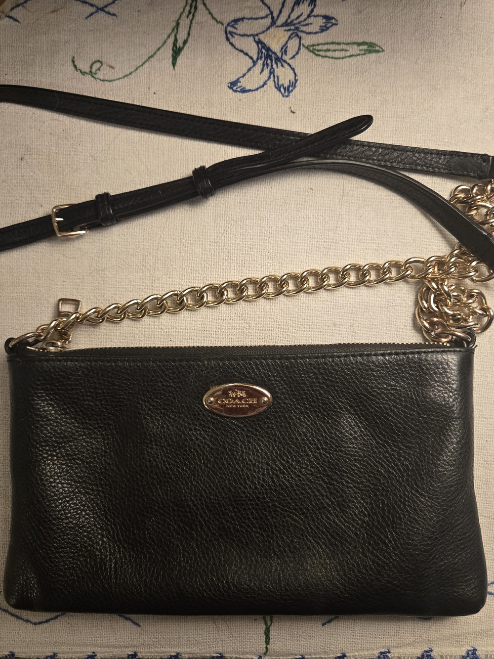 Coach Black Leather Crossbody with Gold Chain